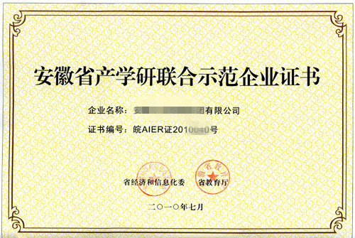 安徽省產(chǎn)學(xué)研聯(lián)合示范企業(yè)證書(shū)