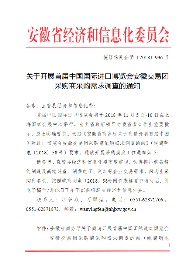 關(guān)于開展首屆中國(guó)國(guó)際進(jìn)口博覽會(huì)安徽交易團(tuán) 采購(gòu)商采購(gòu)需求調(diào)查的通知